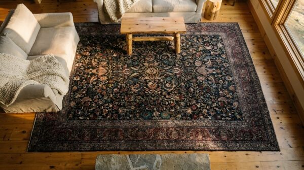 Classic traditional antique floral persian khorassan room size rug 2 Classic traditional antique floral persian khorassan room size rug (sku 25431) - styled overhead view