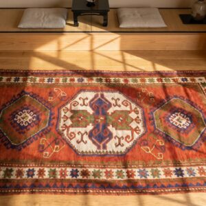 Classic Tribal Geometric Antique Caucasian Red Lori Pambak Rug (SKU 18521) - styled overhead view