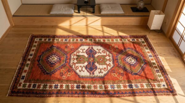 Classic tribal geometric antique caucasian red lori pambak rug 2 Classic tribal geometric antique caucasian red lori pambak rug (sku 18521) - styled overhead view