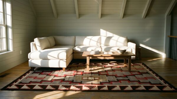 Classic tribal geometric antique native american wool pile navajo rug 10 Classic tribal geometric antique native american wool pile navajo rug (sku 24097) - room view