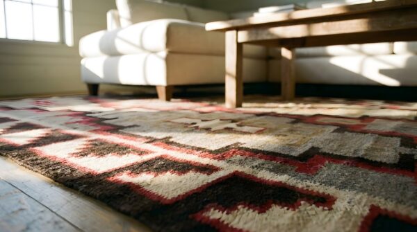 Classic tribal geometric antique native american wool pile navajo rug 11 Classic tribal geometric antique native american wool pile navajo rug (sku 24097) - in-room detail
