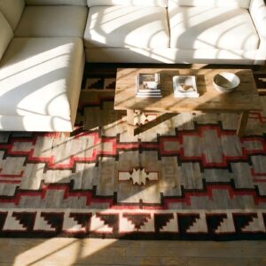 Classic Tribal Geometric Antique Native American Wool Pile Navajo Rug (SKU 24097) - styled overhead view