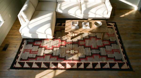 Classic tribal geometric antique native american wool pile navajo rug 2 Classic tribal geometric antique native american wool pile navajo rug (sku 24097) - styled overhead view