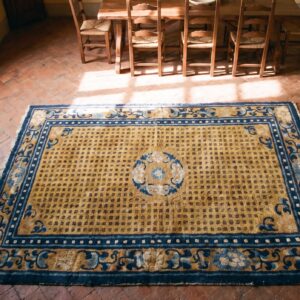 Classic Yellow Antique Early 19th Century Chinese Ningxia Rug (SKU 21966) - styled overhead view