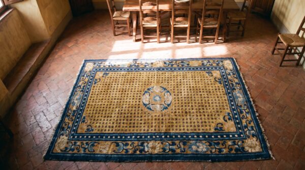 Classic yellow antique early 19th century chinese ningxia rug 2 Classic yellow antique early 19th century chinese ningxia rug (sku 21966) - styled overhead view
