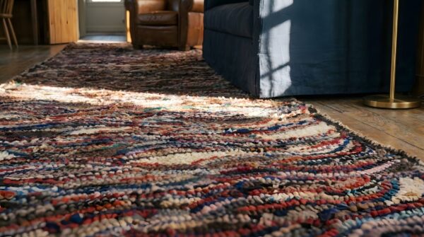 Colorful antique american folk art crazy quilt pattern long hallway runner rug 7 Colorful antique american folk art crazy quilt pattern long hallway runner rug (sku 25821) - in-room detail