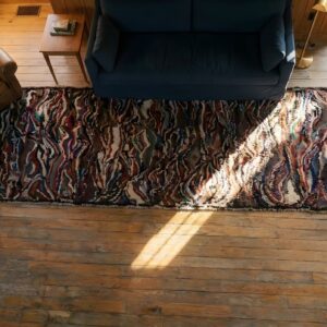 Colorful Antique American Folk Art Crazy Quilt Pattern Long Hallway Runner Rug (SKU 25821) - styled overhead view