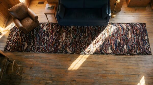 Colorful antique american folk art crazy quilt pattern long hallway runner rug 2 Colorful antique american folk art crazy quilt pattern long hallway runner rug (sku 25821) - styled overhead view