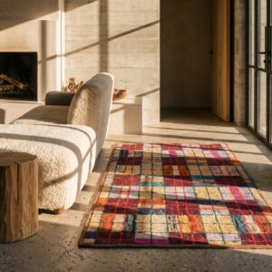 Colorful Antique Geometric American Folk Art Plaid Pattern Hooked Rug (SKU 20514) - room view