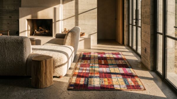 Colorful antique geometric american folk art plaid pattern hooked rug 8 Colorful antique geometric american folk art plaid pattern hooked rug (sku 20514) - room view