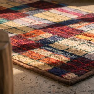 Colorful Antique Geometric American Folk Art Plaid Pattern Hooked Rug (SKU 20514) - in-room detail