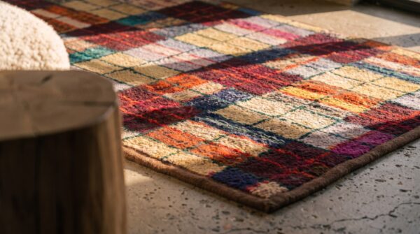 Colorful antique geometric american folk art plaid pattern hooked rug 9 Colorful antique geometric american folk art plaid pattern hooked rug (sku 20514) - in-room detail