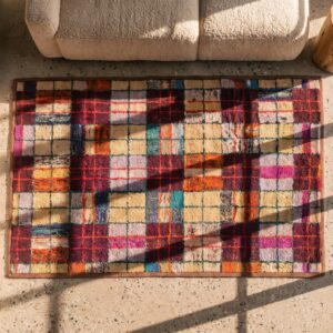 Colorful Antique Geometric American Folk Art Plaid Pattern Hooked Rug (SKU 20514) - styled overhead view