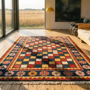 Colorful Geometric Checkerboard Design Persian Antique Tribal Gabbeh Rug (SKU 18934) - room view