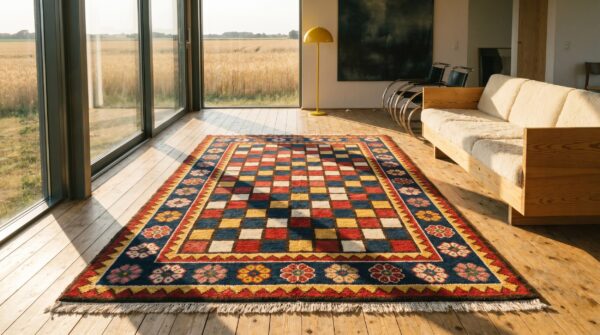 Colorful geometric checkerboard design persian antique tribal gabbeh rug (sku 18934) - room view