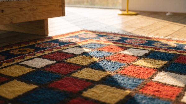 Colorful geometric checkerboard design persian antique tribal gabbeh rug (sku 18934) - in-room detail