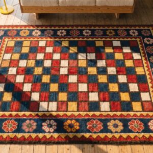 Colorful Geometric Checkerboard Design Persian Antique Tribal Gabbeh Rug (SKU 18934) - styled overhead view