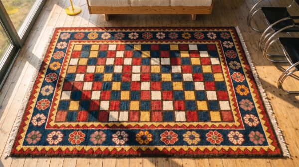 Colorful geometric checkerboard design persian antique tribal gabbeh rug (sku 18934) - styled overhead view