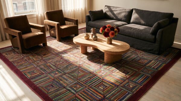 Colorful geometric log cabin squares antique american hooked rug 8 Colorful geometric log cabin squares antique american hooked rug (sku 25074) - room view