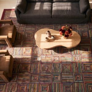 Colorful Geometric Log Cabin Squares Antique American Hooked Rug (SKU 25074) - styled overhead view
