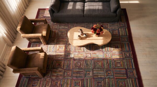 Colorful geometric log cabin squares antique american hooked rug 2 Colorful geometric log cabin squares antique american hooked rug (sku 25074) - styled overhead view