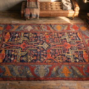 Colorful Jewel Tone Antique Persian Tribal Garous Design Malayer Rug (SKU 21968) - styled overhead view