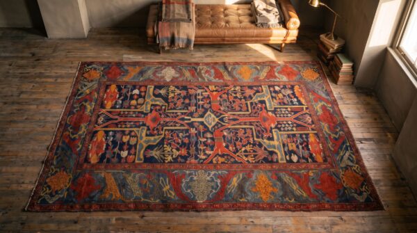 Colorful jewel tone antique persian tribal garous design malayer rug 2 Colorful jewel tone antique persian tribal garous design malayer rug (sku 21968) - styled overhead view