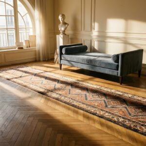 Antique Colorful Narrow and Long American Geometric Folk Art Hooked Runner Rug (SKU 23843) - room view