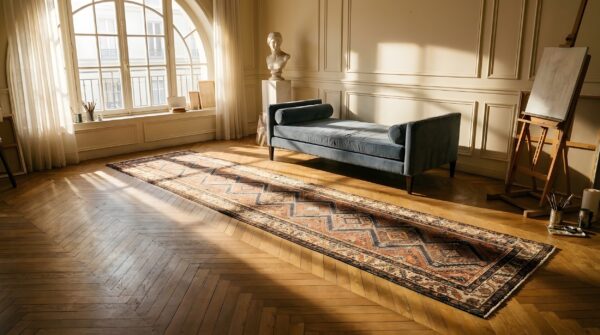 Antique colorful narrow and long american geometric folk art hooked runner rug (sku 23843) - room view