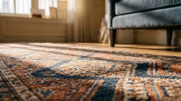 Antique colorful narrow and long american geometric folk art hooked runner rug (sku 23843) - in-room detail