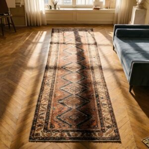 Antique Colorful Narrow and Long American Geometric Folk Art Hooked Runner Rug (SKU 23843) - styled overhead view
