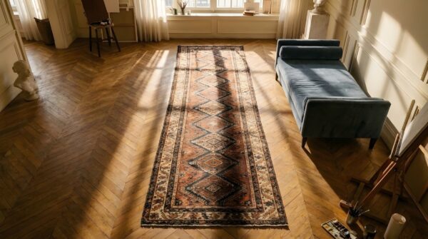 Antique colorful narrow and long american geometric folk art hooked runner rug (sku 23843) - styled overhead view