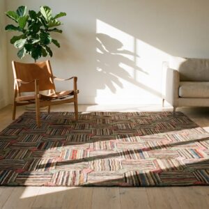 Colorful Square Antique American Folk Art Basket Weave Hooked Rug (SKU 20064) - room view