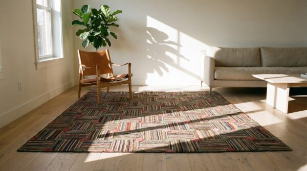 Colorful square antique american folk art basket weave hooked rug 12 Colorful square antique american folk art basket weave hooked rug (sku 20064) - room view