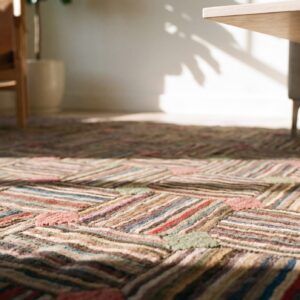 Colorful Square Antique American Folk Art Basket Weave Hooked Rug (SKU 20064) - in-room detail