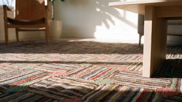 Colorful square antique american folk art basket weave hooked rug 13 Colorful square antique american folk art basket weave hooked rug (sku 20064) - in-room detail