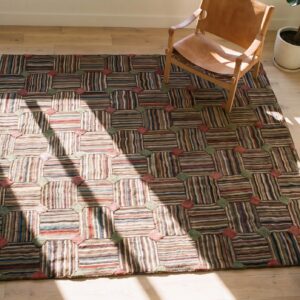 Colorful Square Antique American Folk Art Basket Weave Hooked Rug (SKU 20064) - styled overhead view
