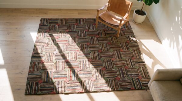 Colorful square antique american folk art basket weave hooked rug 2 Colorful square antique american folk art basket weave hooked rug (sku 20064) - styled overhead view