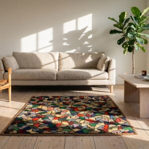 Colorful Antique Square American Folk Art Crazy Quilt Pattern Hooked Rug (SKU 20510) - room view
