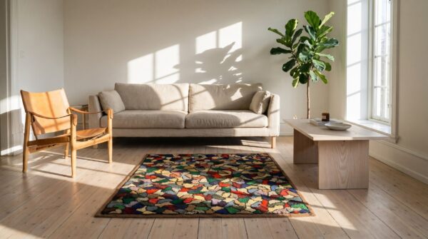 Colorful antique square american folk art crazy quilt pattern hooked rug 7 Colorful antique square american folk art crazy quilt pattern hooked rug (sku 20510) - room view