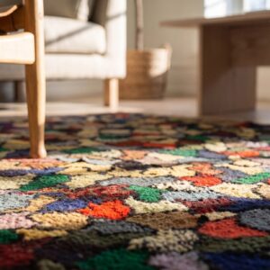 Colorful Antique Square American Folk Art Crazy Quilt Pattern Hooked Rug (SKU 20510) - in-room detail