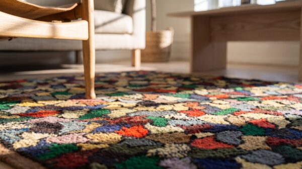 Colorful antique square american folk art crazy quilt pattern hooked rug 8 Colorful antique square american folk art crazy quilt pattern hooked rug (sku 20510) - in-room detail