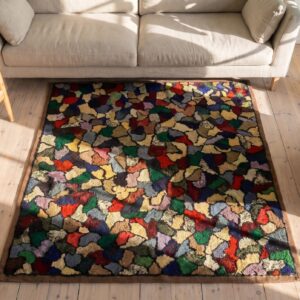Colorful Antique Square American Folk Art Crazy Quilt Pattern Hooked Rug (SKU 20510) - styled overhead view