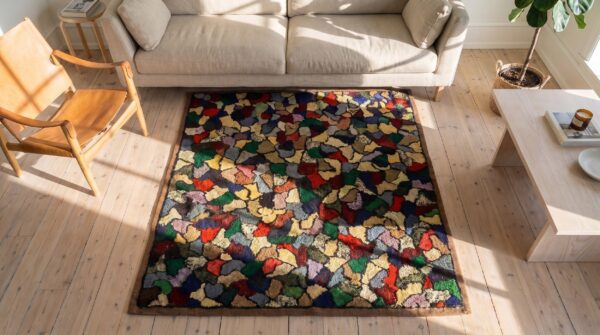 Colorful antique square american folk art crazy quilt pattern hooked rug 2 Colorful antique square american folk art crazy quilt pattern hooked rug (sku 20510) - styled overhead view