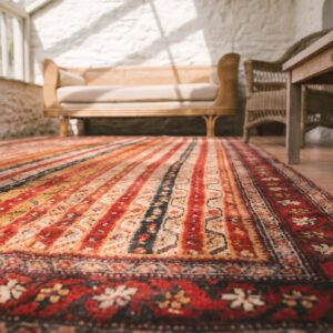Colorful Antique Striped Shawl Pattern Persian Bidjar Gallery Rug (SKU 21471) - in-room detail