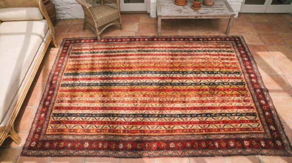 Colorful antique striped shawl pattern persian bidjar gallery rug 2 Colorful antique striped shawl pattern persian bidjar gallery rug (sku 21471) - styled overhead view