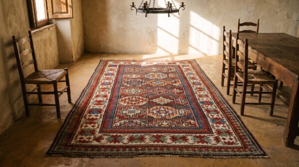 Colorful tribal crab border antique colorful caucasian moghan rug 6 Colorful tribal crab border antique colorful caucasian moghan rug (sku 22255) - room view