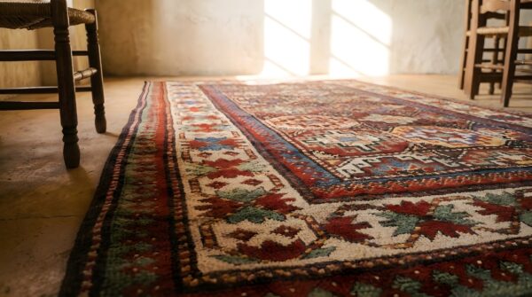 Colorful tribal crab border antique colorful caucasian moghan rug 7 Colorful tribal crab border antique colorful caucasian moghan rug (sku 22255) - in-room detail