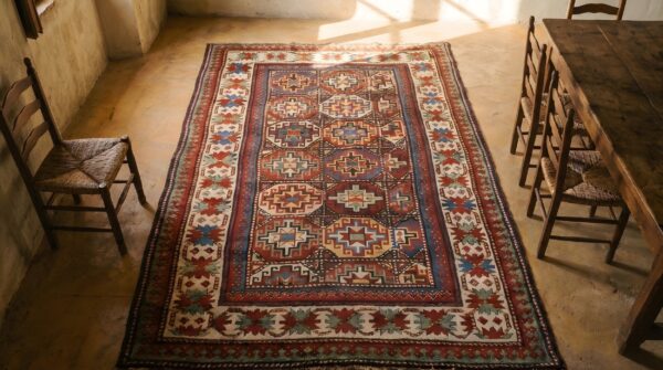 Colorful tribal crab border antique colorful caucasian moghan rug 2 Colorful tribal crab border antique colorful caucasian moghan rug (sku 22255) - styled overhead view