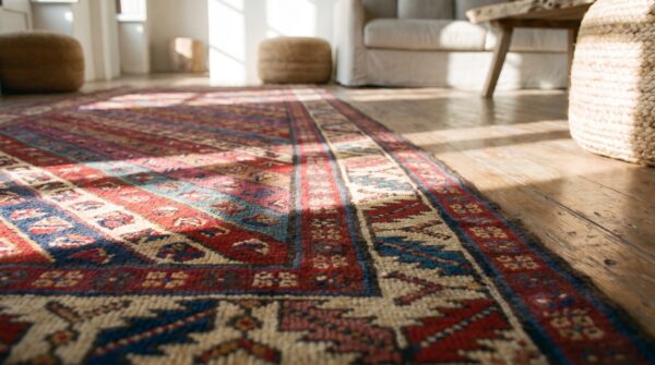 Antique colorful tribal stripe caucasian shirvan hallway runner rug (sku 18632) - in-room detail